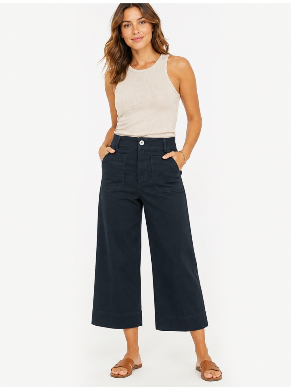 Maeve The Colette Crop High-Rise Wide-Leg Pants Black Linen Blend Size 28